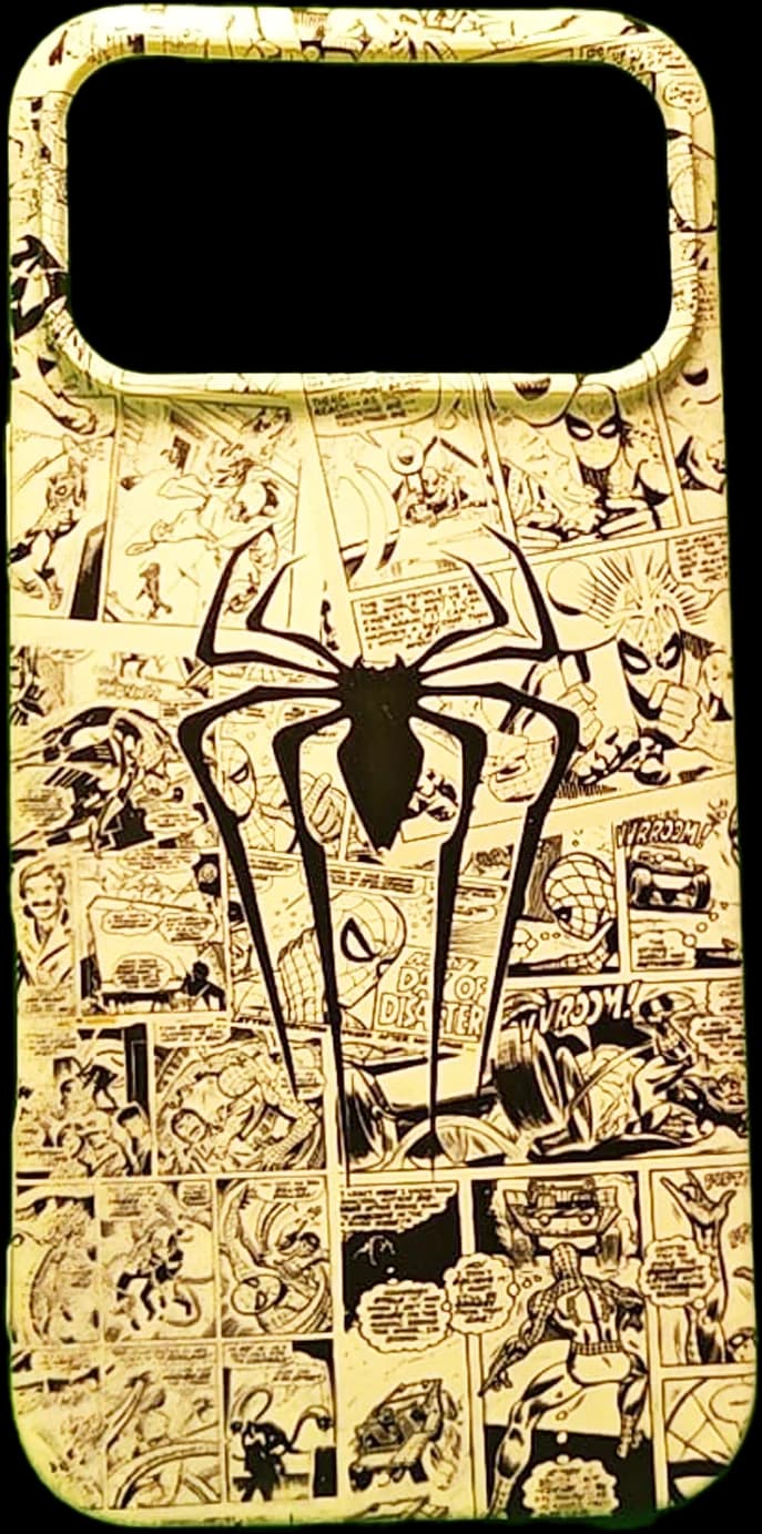 Cream comic-panel case with a spider emblem